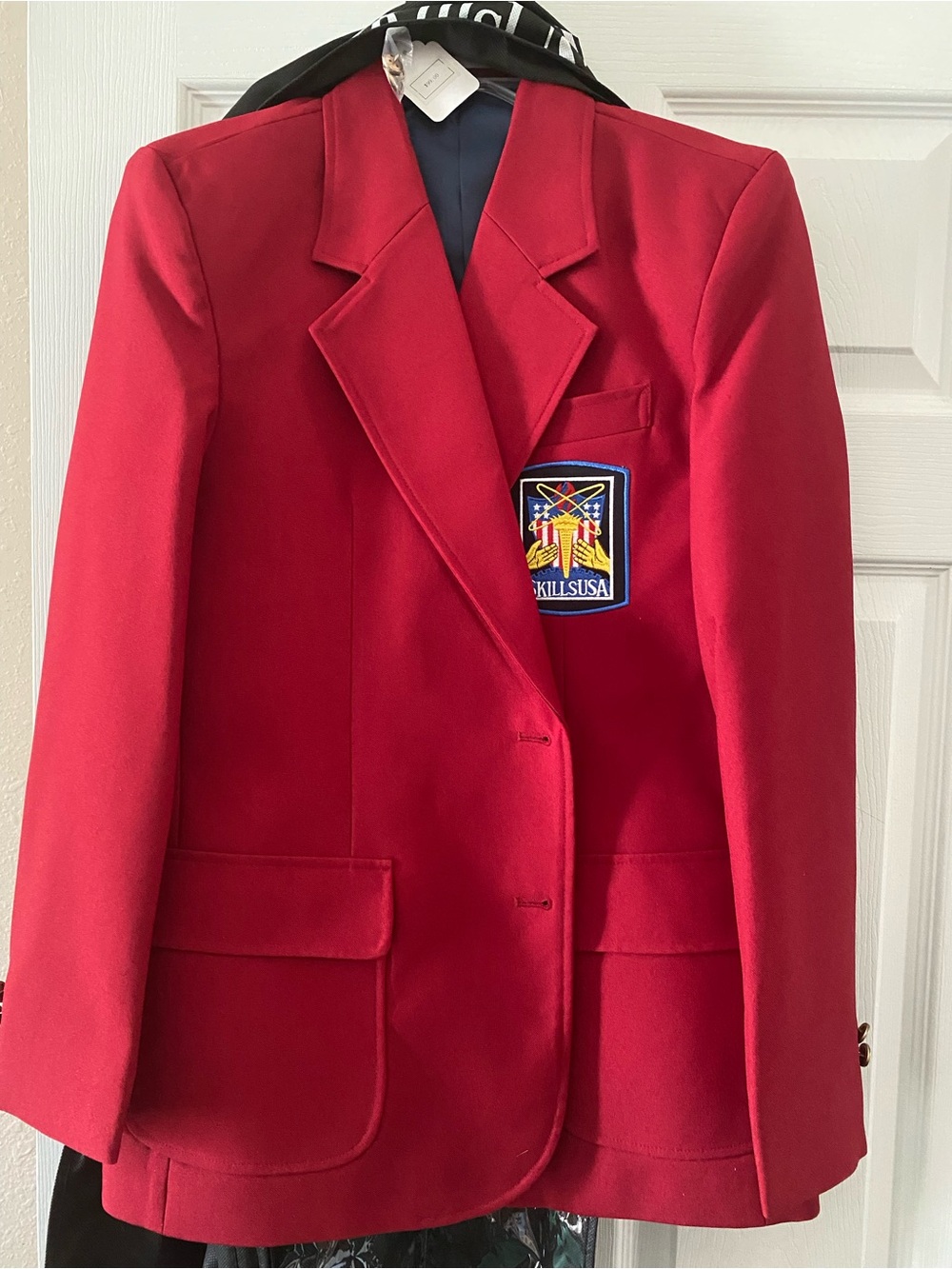Red Women's Blazer Jacket with SkillsUSA Patch